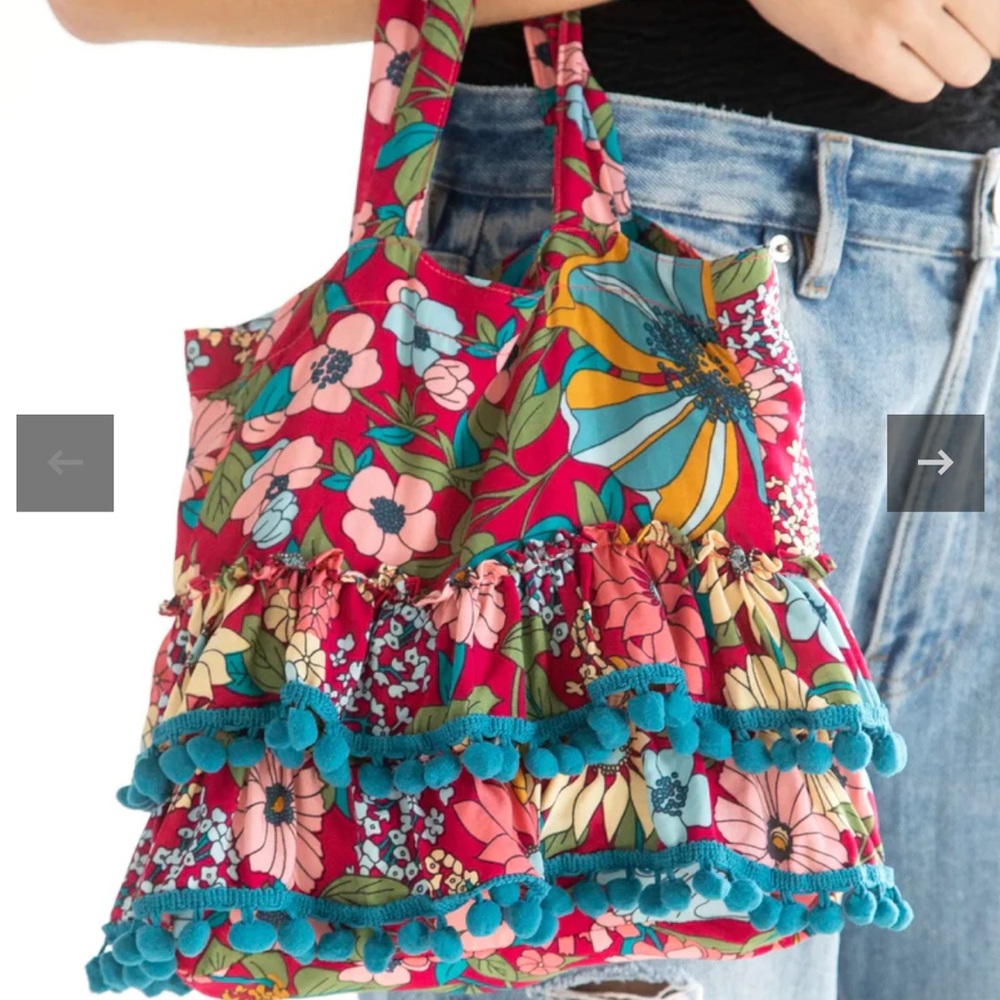 NATURAL LIFE Red and Pink Floral Mini ruffled tote with Soft Fabric & Pom Poms